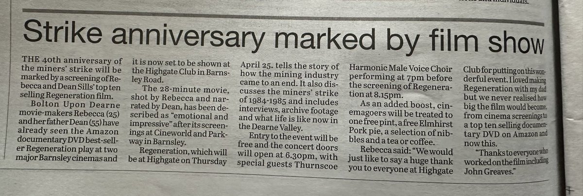 Press in the Rotherham Advertiser for the upcoming screening at Highgate Club.