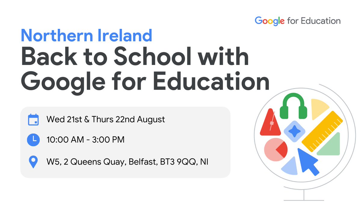 Google for Education’s Back to School event is going to Belfast! 💡 Join educators from across Northern Ireland for a day of inspiration, collaboration, &amp; hands-on learning

👉 Wed 21st Aug rsvp.withgoogle.com/events/back-to…
👉 Thurs 22nd Aug rsvp.withgoogle.com/events/back-to…
