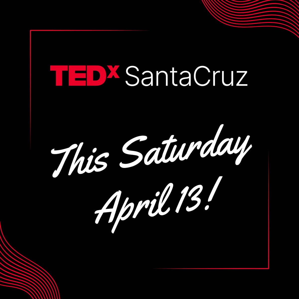 This Saturday, April 13 at Cabrillo College Crocker Theater - 22 speakers, live entertainment, food trucks, inspiration, innovation, and ideas worth spreading.

Tickets are sold out, but we'll be streaming live! Check tedxsantacruz.org for complete livestream details. 🌟