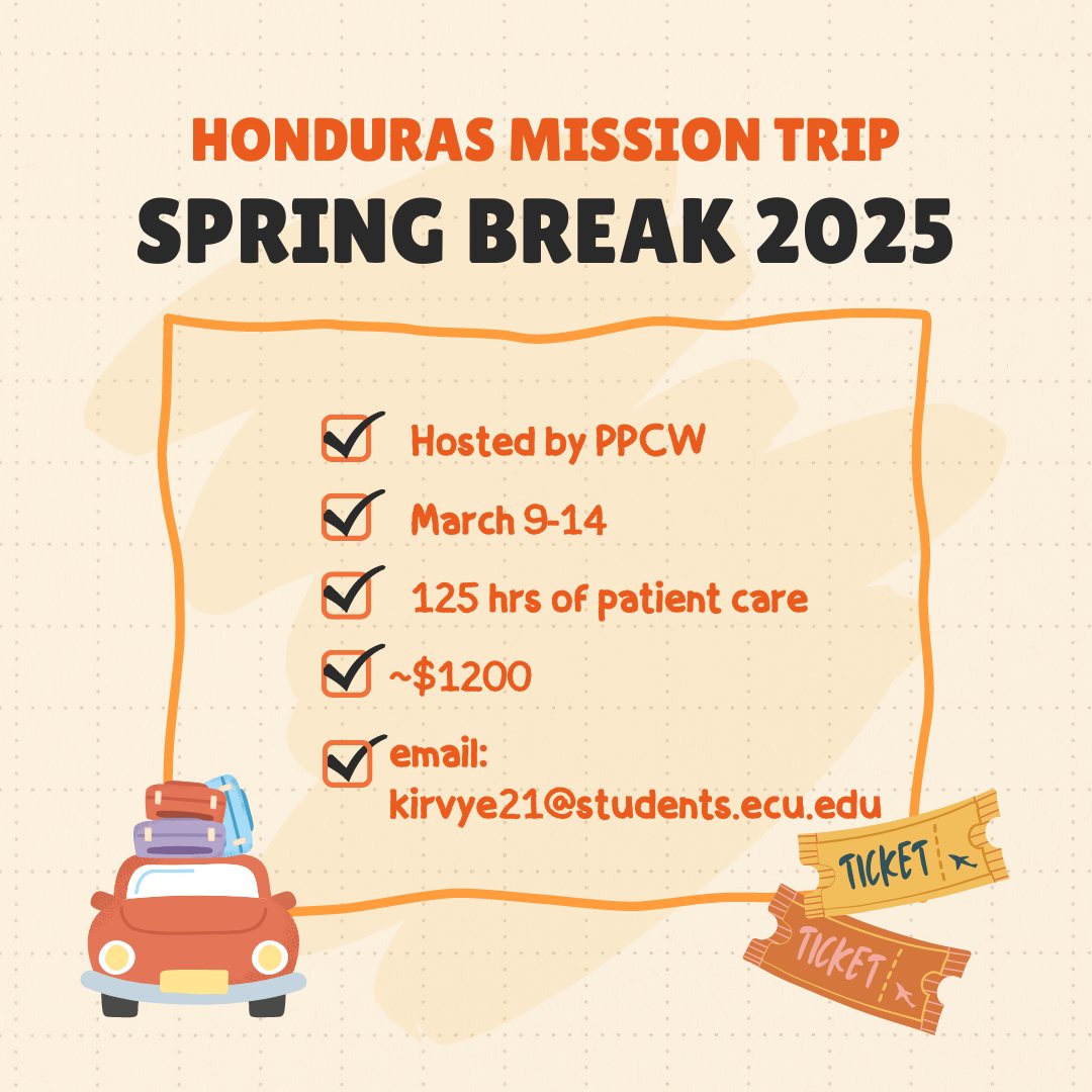 Honduras Mission Trip Spring Break 2025, hosted by Pirates Promoting Community Wellness. This is a great way to get patient care hours!