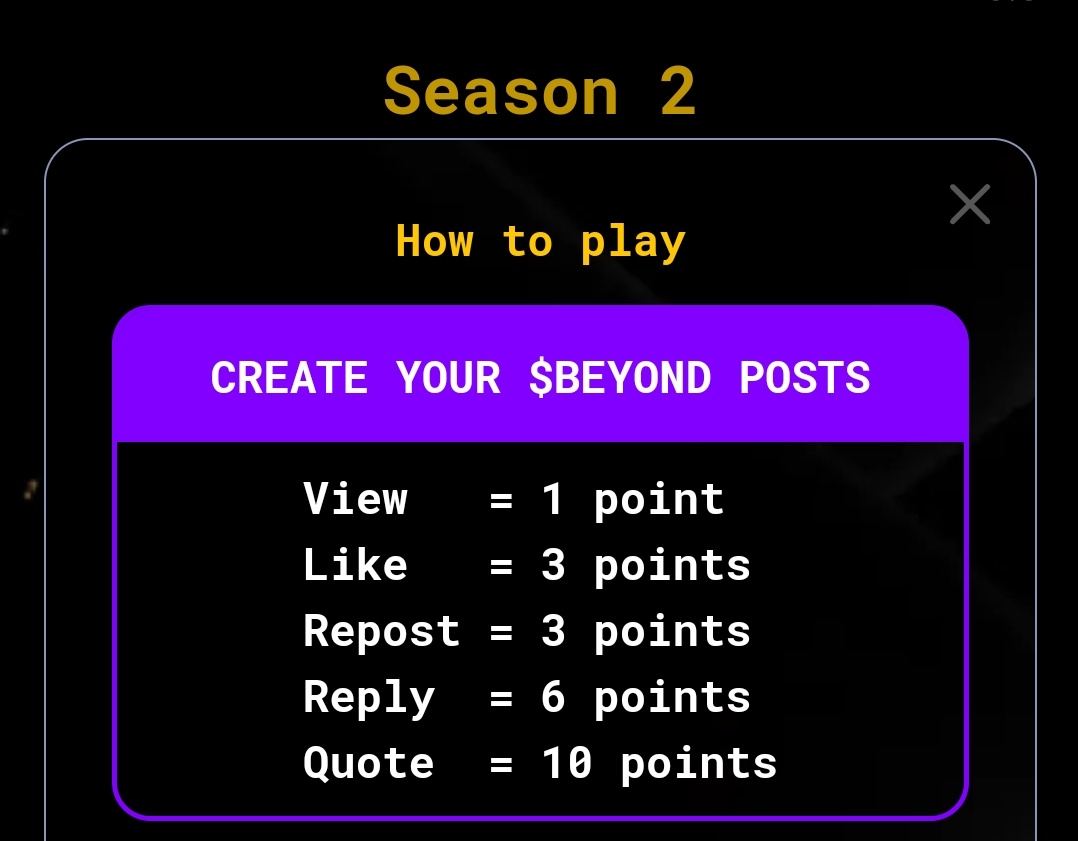 Here is how $BEYOND farming season 2 points will be calculated. I have 205 boost, multiply it with this and see how many points you earn by engaging on this tweet. COMMENT, LIKE, RETWEET & QUOTE let's grow together 🙏 $BUBBLE, $PARAM, $MOJO, $PIXIZ, $LOL, $SOMO, $TRIP