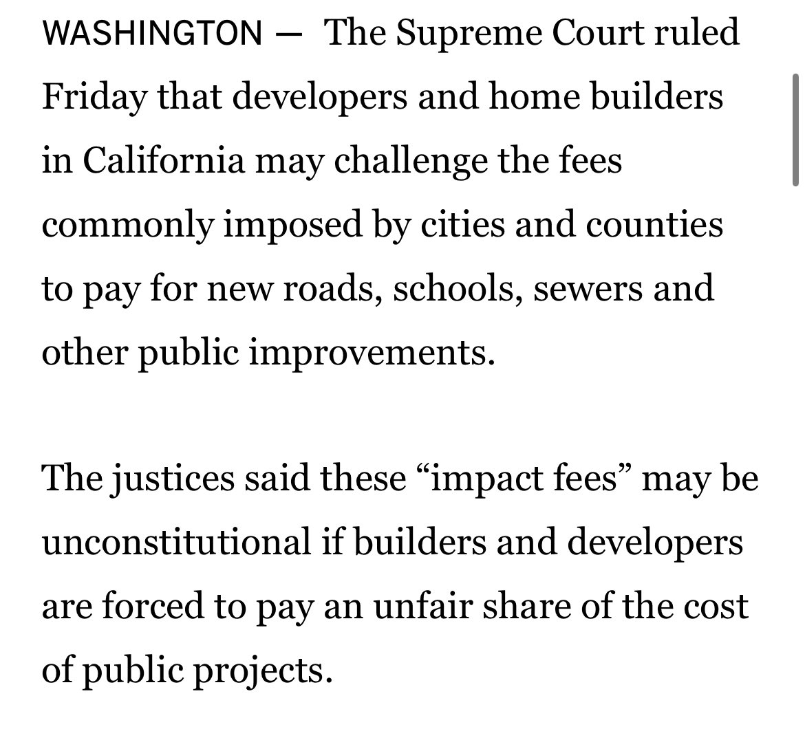 Homebuilders and developers may challenge California’s development ‘impact fees,’ Supreme Court rules 9-0 U.S. Supreme Court decision latimes.com/politics/story…