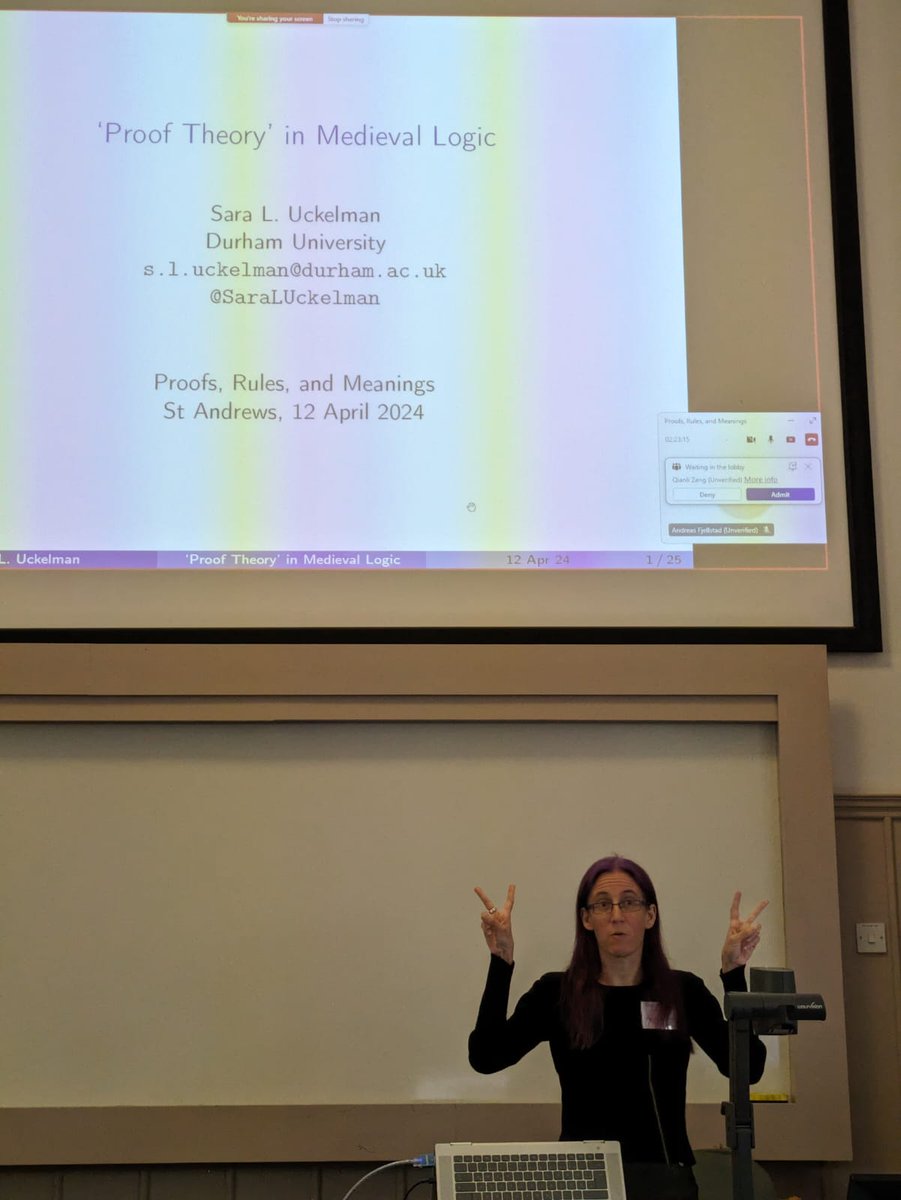 Just before lunch @SaraLUckelman talked about ''Proof Theory' in Medieval Logic'. Thanks to @Elaine_Pim for the photo!