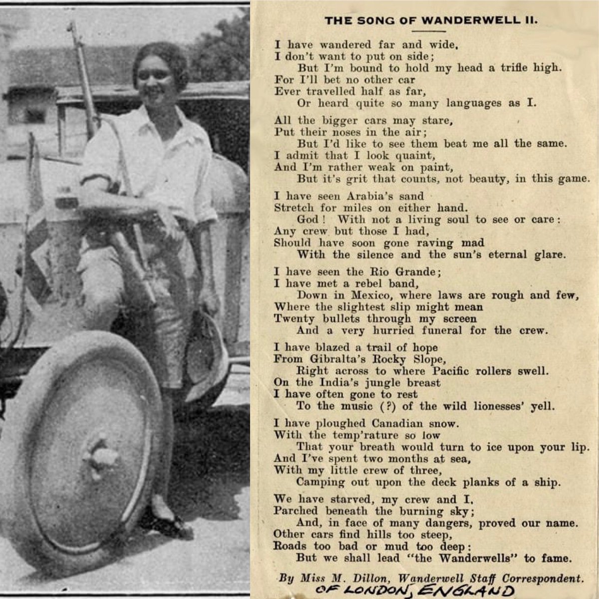 1923 Aloha and her legendary Model T Ford with a song written by one of the expedition members, M Dillon from London England to sing around the campfires, under the stars on lonely night’s in 1923. The song is written about Aloha’s #2 little Ford Auto. AlohaWanderwell.com RDT