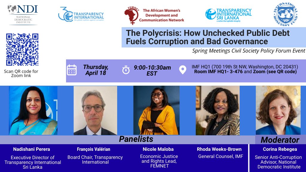 HAPPENING THIS WEEK: Don't miss 'The Polycrisis' discussion w/ experts from @anticorruption, @transparencySL, @demgov, @FemnetProg & more will delve into the critical global issue of public debt opacity & its impact on society.
Details below⬇️

Tune in: bit.ly/3TV9eyu