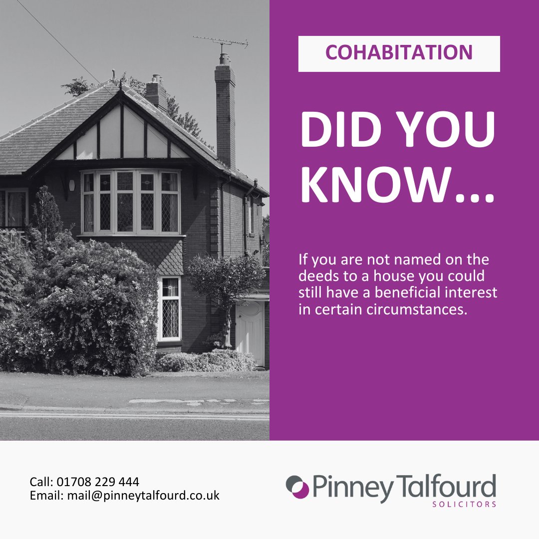 Did you know that if you are not named on the deeds to a house you could still have a beneficial interest in certain circumstances?

For more information on services, please  visit our website eu1.hubs.ly/H08znMg0.

#Cohabitation #CivilPartnership #FamilyLaw #EssexFamilyLaw