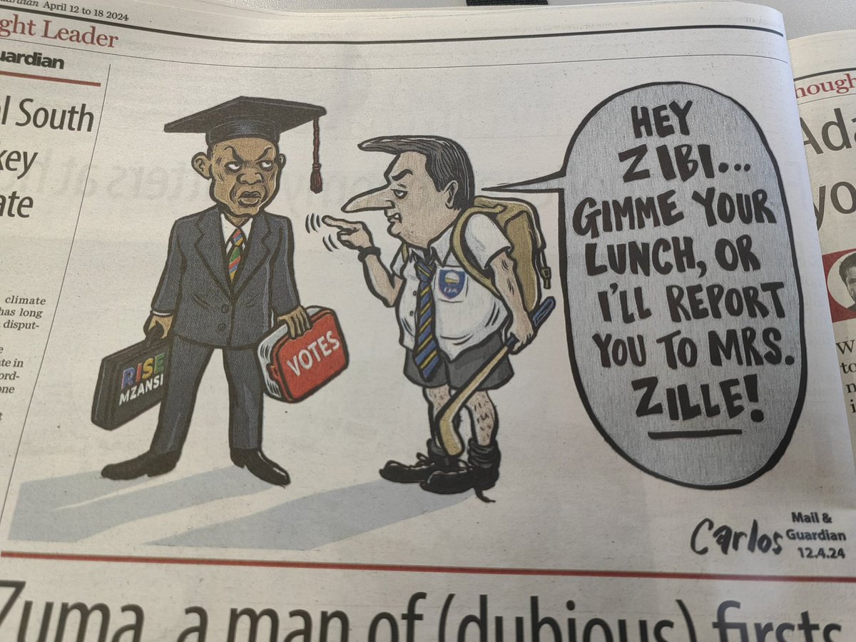 It can only be @CarlosCartoons. The bully prefect trying to steal the star pupil's lunch. In this week's @mailandguardian