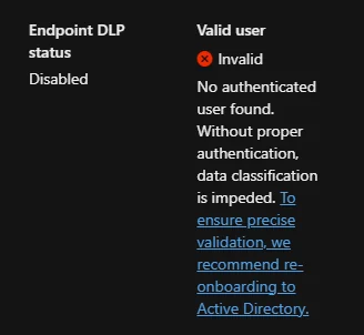 DM1__'s tweet image. .@NathanMcNulty Have you come across the "Valid User" field inside Microsoft Defender, its not populated for any endpoints and I cant seem to find what it actually does?