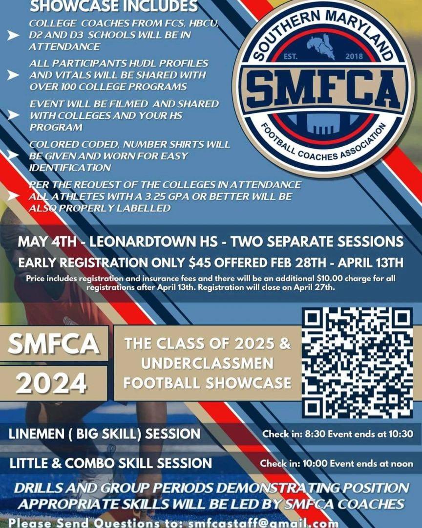 Attention SMAC Football Players: The SMFCA Showcase will be May 4th at LHS. We are just about 3 weeks out.  Get registered today, more info can be found on the registration site. College Coaches will be in attendance, FCS, D2, D3. #SMACFootball

oneheartathletics.ryzerevents.com/football-showc…