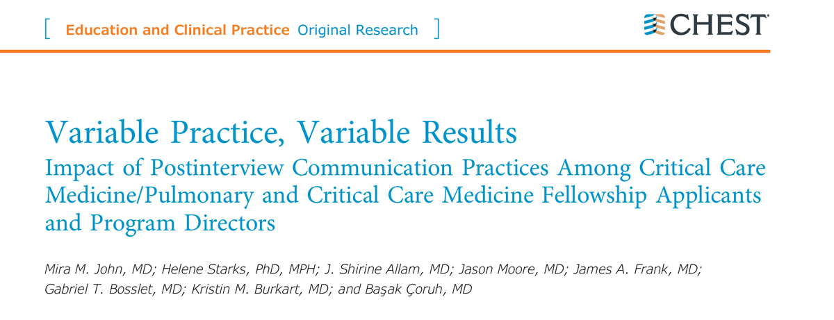 Excited to share our article on postinterview communication (PIC) practices in #CCM and #PCCM fellowship recruitment, now out in @accpchest: tinyurl.com/385nxvp4

If you felt unsure about PIC etiquette or wondered if PIC impacted program rank order lists, please read on! (1/)