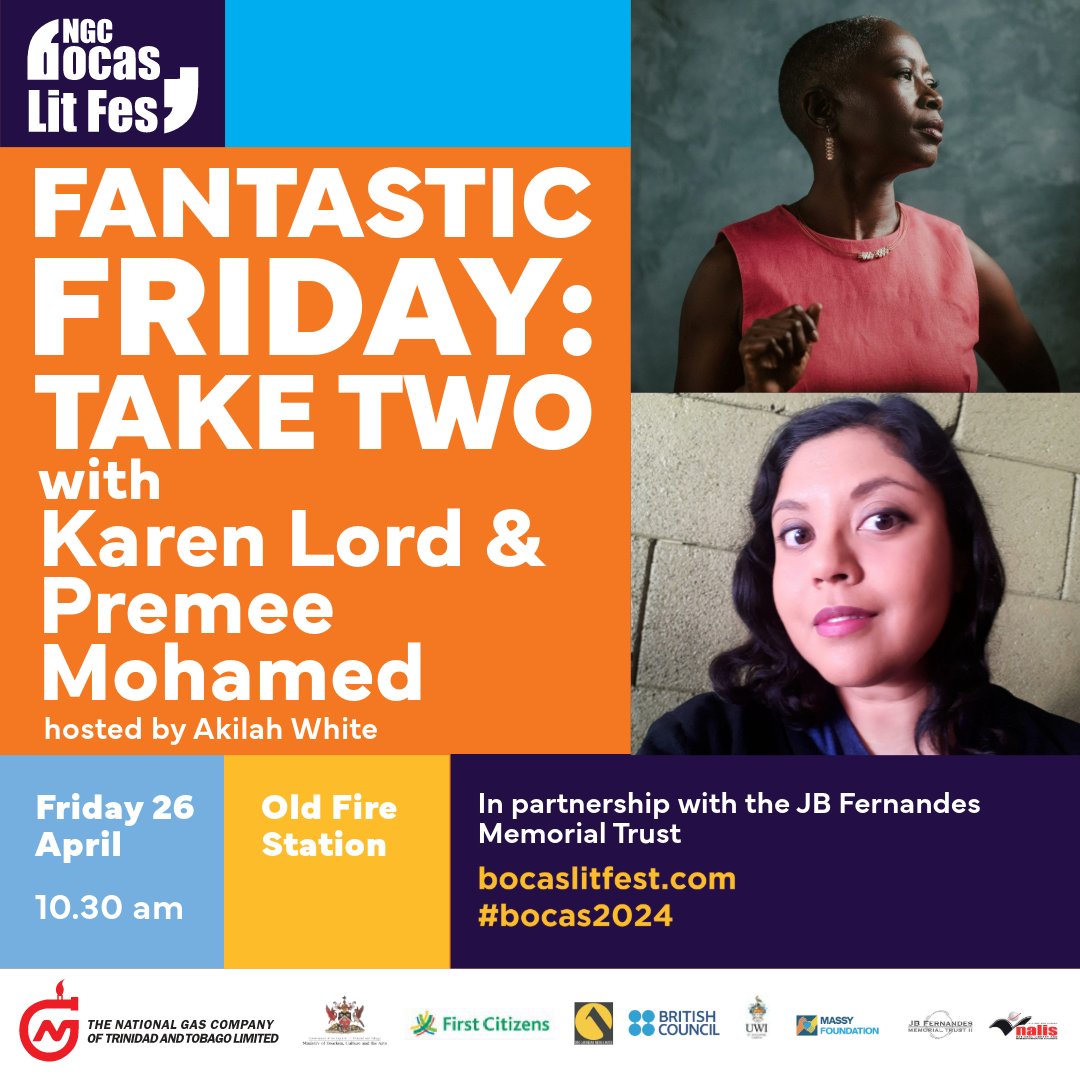 SFF writers @drkarenlord (The Blue, Beautiful World, longlisted for the 2024 @WomensPrize) and @premeesaurus (No One Will Come Back for Us) kick off a day of events focused on Caribbean speculative fiction & fantasy, with readings and conversation with Akilah White. #bocas2024