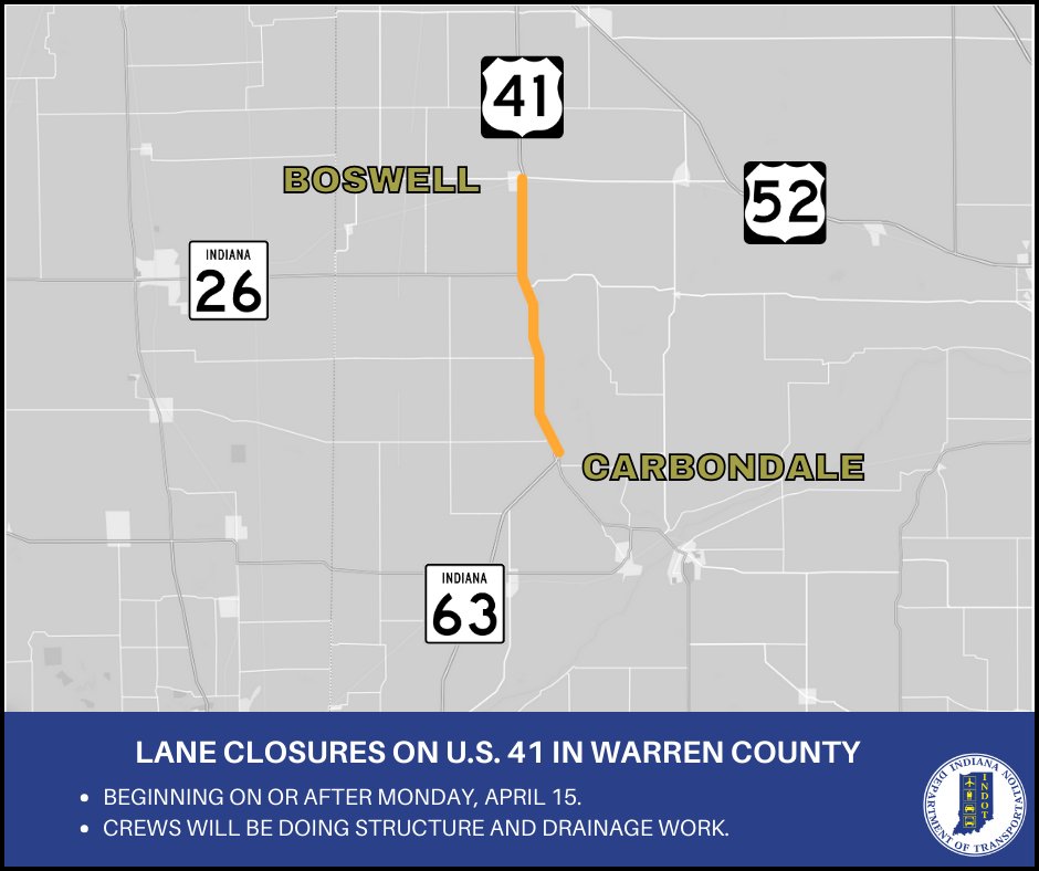 ⚠🚧 BEGINNING TOMORROW: (4/15) crews will be closing the northbound lanes of U.S. 41 between Boswell and Carbondale, with a crossover into the southbound lanes. For more details, click below. ⬇ lnks.gd/2/2vH_ZbX
