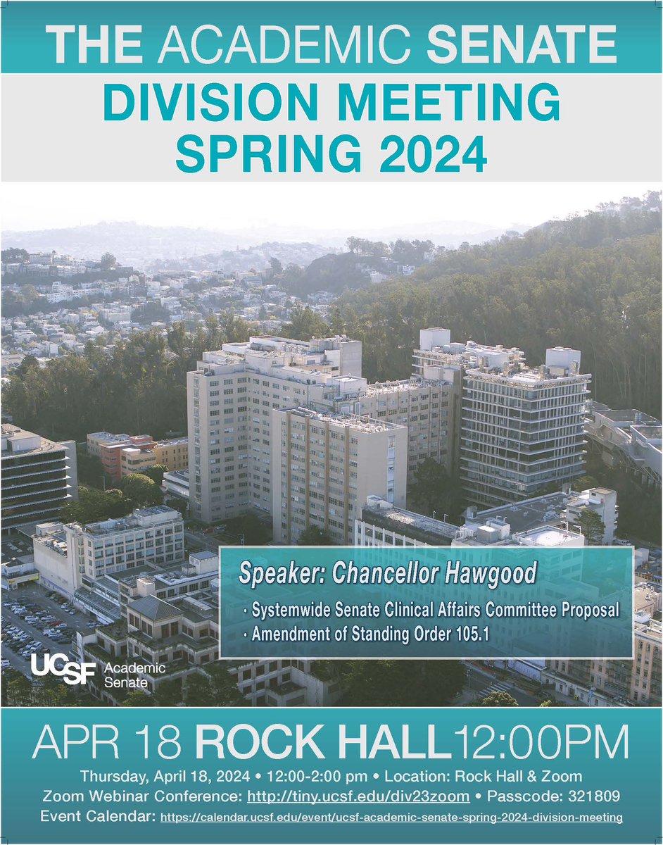 All UCSF faculty are invited to the Academic Senate’s Spring Division meeting on Thursday, April 18, from 12-2 pm. The meeting will be held in Rock Hall, as well as by Zoom Video Conference/Webinar: senateserviceportal.ucsf.edu/v3/meetings/65…