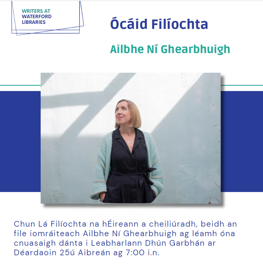 Poet Ailbhe Ní Ghearbhuigh reads from her work at Dungarvan Library for #PoetryDayIrl Thursday 25th of April at 7pm📖 waterfordlibraries.ie/award-winning-…