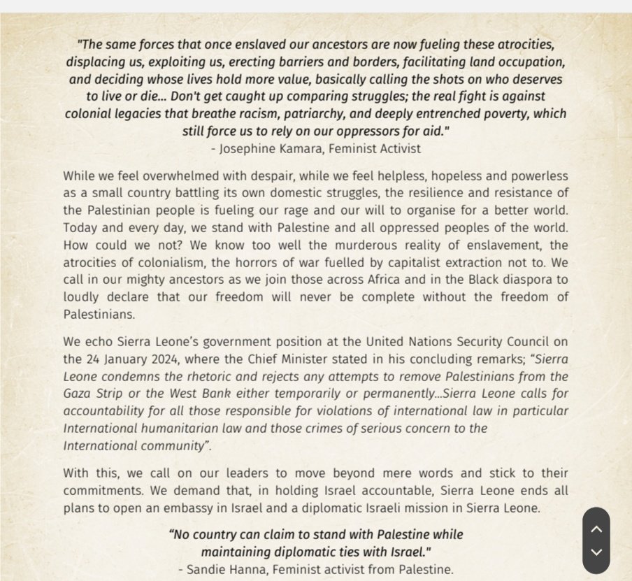We stand in solidarity with #Palestine at this crucial moment as feminists and Sierra Leoneans. We acknowledge the similarities of our struggles knowing that none of us are free until all of us are. 
#Salone4Palestine