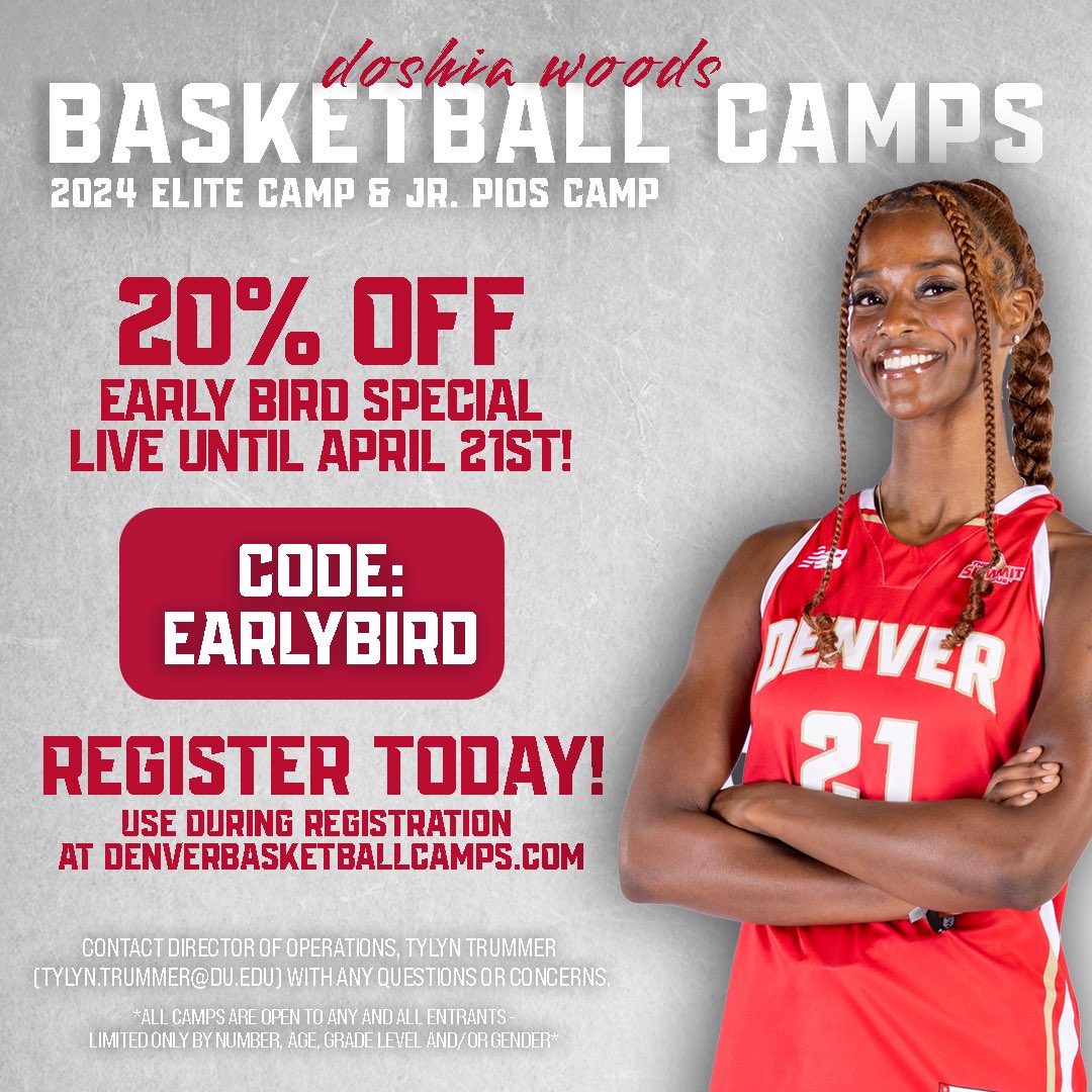 🗓️Only a few days left! Don’t miss our early registration special for BOTH the 2024 Doshia Woods Elite Camp and the 2024 Jr. Pios Camp 🏀 Head on over to denverbasketballcamps.com and use code EARLYBIRD for 20% off today! #GoPios | #PROGRESS