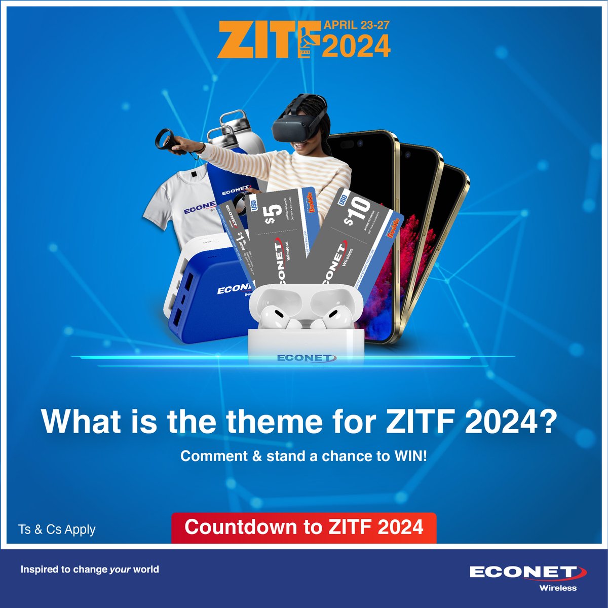 econetzimbabwe's tweet photo. It's the ZITF season and we are feeling generous🥰

Comment with the correct answer and WIN

🏆 First 50 to answer correctly wins 1GB data.

Top 3 customers with the most likes will win an Econet Hamper with a Smartphone, Airtime, T-shirt, Power Bank, and Earphones.

Let's go 💙 https://t.co/73eIDVoIxl