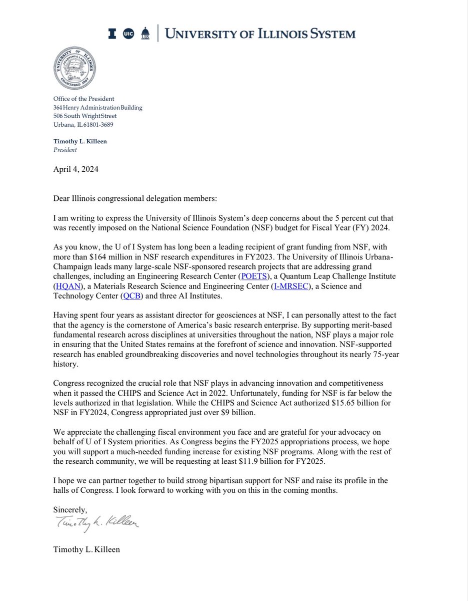 Last week, @UofILSystem President Tim Killeen sent a letter to the Illinois delegation expressing deep concerns about recently enacted cuts to @NSF funding. We look forward to partnering with our Members to support stronger funding in FY2025. #NSF go.uillinois.edu/FundingNSF