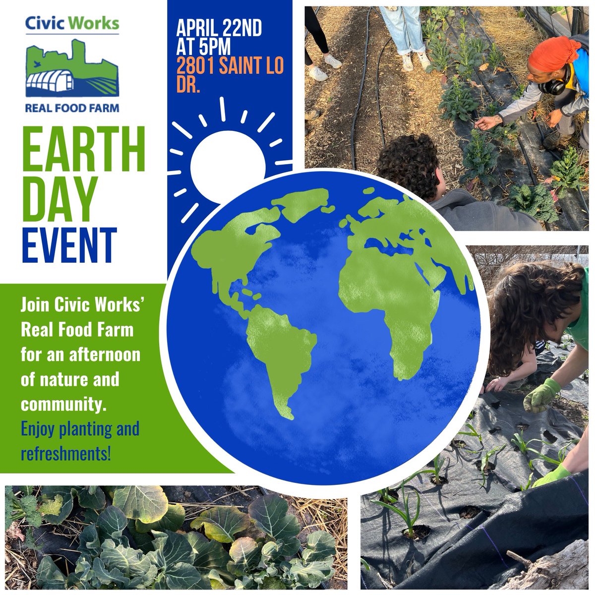 Join us in celebrating Earth Day at Civic Works’ Real Food Farm! 🌎💚 On April 22nd, from 5 pm to 7 pm, we invite you to an outdoor happy hour featuring drinks and snacks! RSVP at our Linktree below: linktr.ee/civicworks