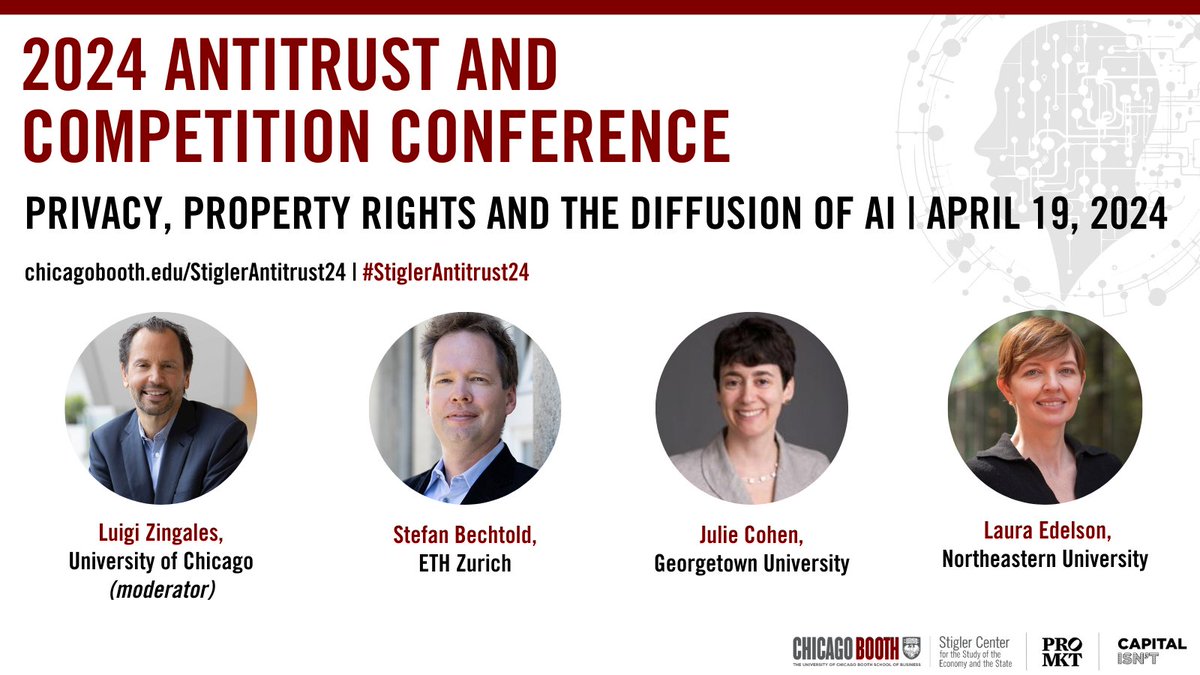At #StiglerAntitrust24, this panel will discuss challenges in setting optimal privacy and property rights for data that feeds #AI models, as well as potential regulatory arbitrage efforts. 🎙️@zingales, @StefanBechtold, @julie17usc, @LauraEdelson2 Join: bit.ly/StiglerAntitru…