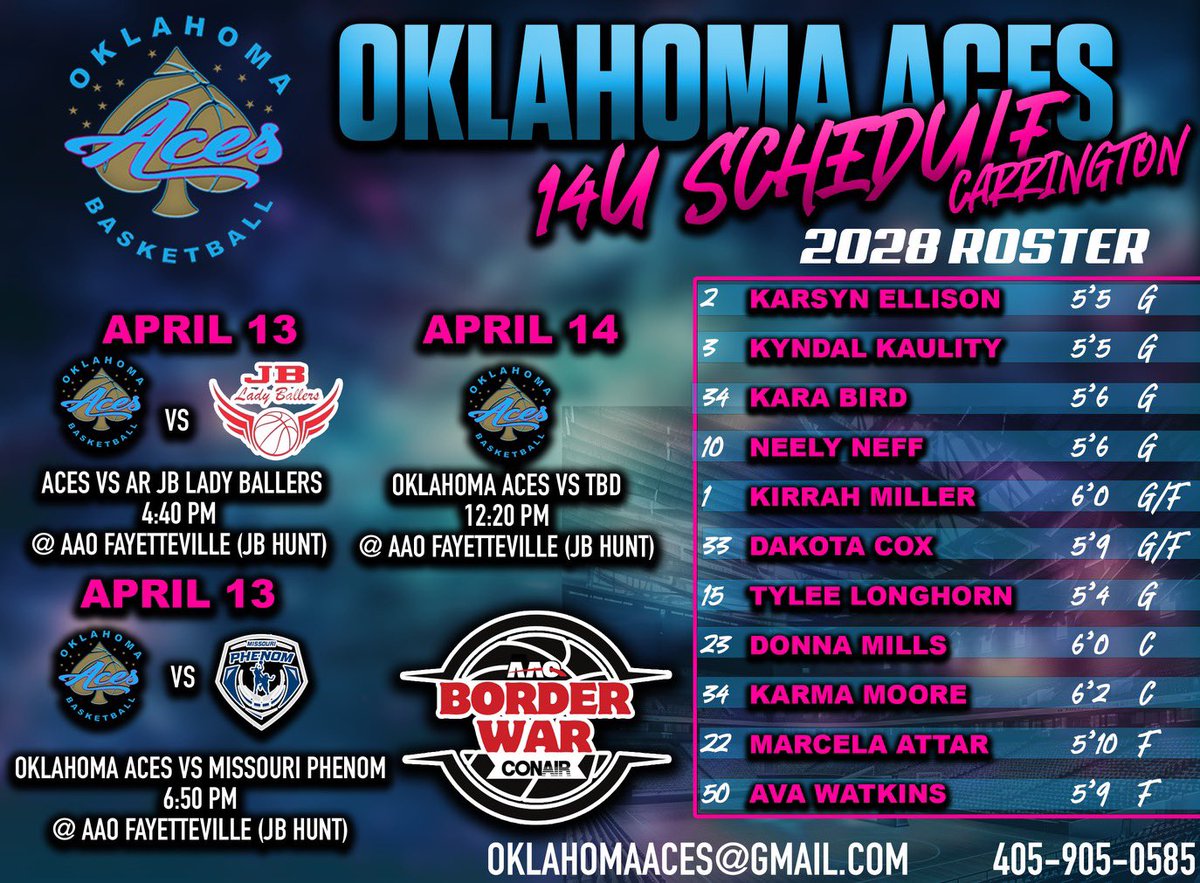 Oklahoma Aces (@oklahomaacesgbb) on Twitter photo Coaches if you will be at <a href="/Borderwar1/">Borderwar Tourney</a> PLEASE COME CHECK US OUT! 🩷💙 <a href="/SNUwbb/">SNU Women's Basketball</a> @CoachCG_OC <a href="/NWOSUWBB/">Lady Rangers</a> <a href="/SWOSUW/">SWOSU Women’s Basketball</a> <a href="/MssuWbb/">MSSU Women’s Basketball</a> <a href="/NEO_WBBall/">NEO Womens BBall</a> @LadyHornetWBB <a href="/NewmanJetsWBB/">Newman Women's Basketball</a> <a href="/DULadyPanthers/">Drury Lady Panthers</a> @SBUbearcatsWBB <a href="/DeltaStateWBB/">Lady Statesmen Basketball</a> <a href="/GoSoutheastern/">Southeastern Athletics</a> <a href="/OuachitaTigers/">Ouachita Athletics</a> <a href="/CrowderBsktball/">Crowder Basketball</a> <a href="/TaborWBB/">Tabor College Women’s Basketball</a> Coaches if you will be at <a href="/Borderwar1/">Borderwar Tourney</a> PLEASE COME CHECK US OUT! 🩷💙 <a href="/SNUwbb/">SNU Women's Basketball</a> @CoachCG_OC <a href="/NWOSUWBB/">Lady Rangers</a> <a href="/SWOSUW/">SWOSU Women’s Basketball</a> <a href="/MssuWbb/">MSSU Women’s Basketball</a> <a href="/NEO_WBBall/">NEO Womens BBall</a> @LadyHornetWBB <a href="/NewmanJetsWBB/">Newman Women's Basketball</a> <a href="/DULadyPanthers/">Drury Lady Panthers</a> @SBUbearcatsWBB <a href="/DeltaStateWBB/">Lady Statesmen Basketball</a> <a href="/GoSoutheastern/">Southeastern Athletics</a> <a href="/OuachitaTigers/">Ouachita Athletics</a> <a href="/CrowderBsktball/">Crowder Basketball</a> <a href="/TaborWBB/">Tabor College Women’s Basketball</a>