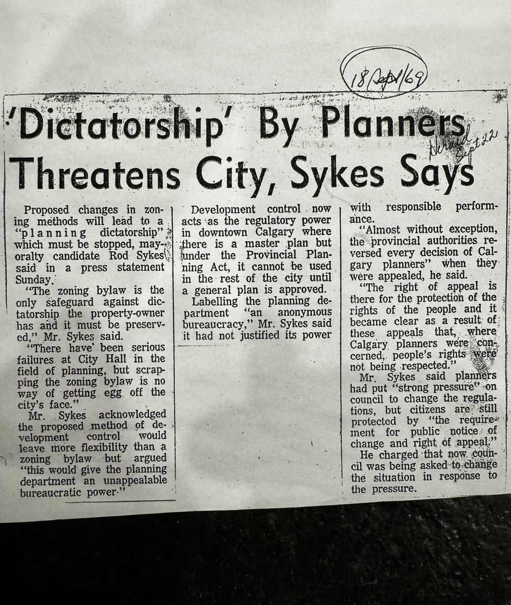 Mayor Rod Sykes shared this Calgary Herald article with me that was published prior to him becoming the Mayor of Calgary in October 1969. We’re back to a “Planning Dictatorship” with @yycplan in Calgary. History repeats itself. #yyccc #abpoli @DanWMcLean @SonyaSharpYYC…