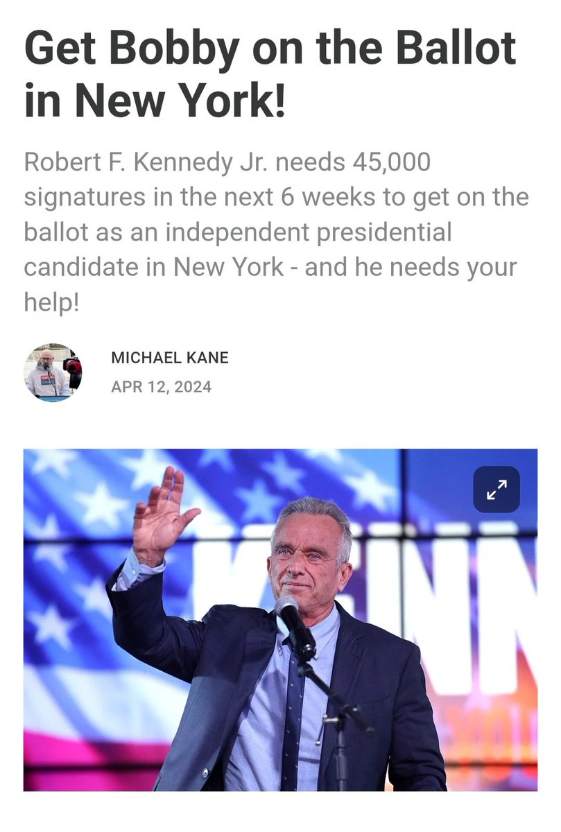 Get Bobby on the Ballot in New York! @RobertKennedyJr needs 45,000 signatures in the next 6 weeks to get on the ballot as an independent presidential candidate in New York - and he needs your help! Learn how to help here 👉 teachersforchoice.substack.com/p/get-bobby-on…