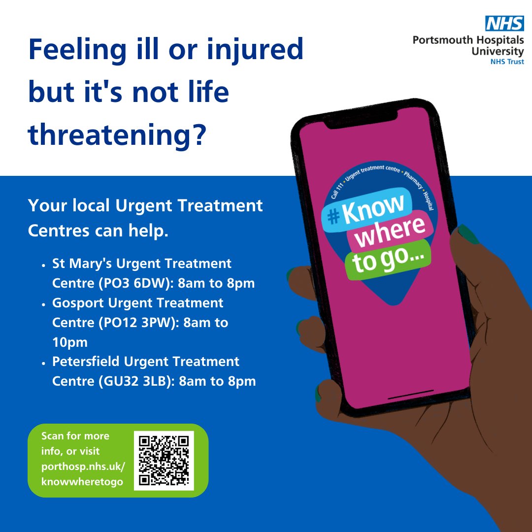 If you need medical help, Urgent Treatment Centres are open this weekend and can help you with things like broken bones, sprains and minor injuries. If you aren't sure where to go contact NHS 111 online or by phone. You can get help here 111.nhs.uk #KnowWhereToGo