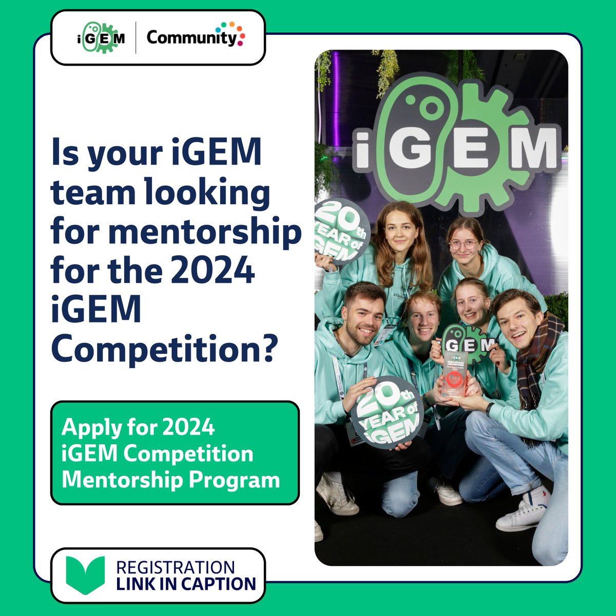 Hellooo #iGEM2024 teams! Are you looking for mentors to help guide you through competition deliverables, important deadlines, and also share tips from their iGEM experience? Apply today for the 2024 iGEM Mentorship Program community.igem.org/projects/mento…