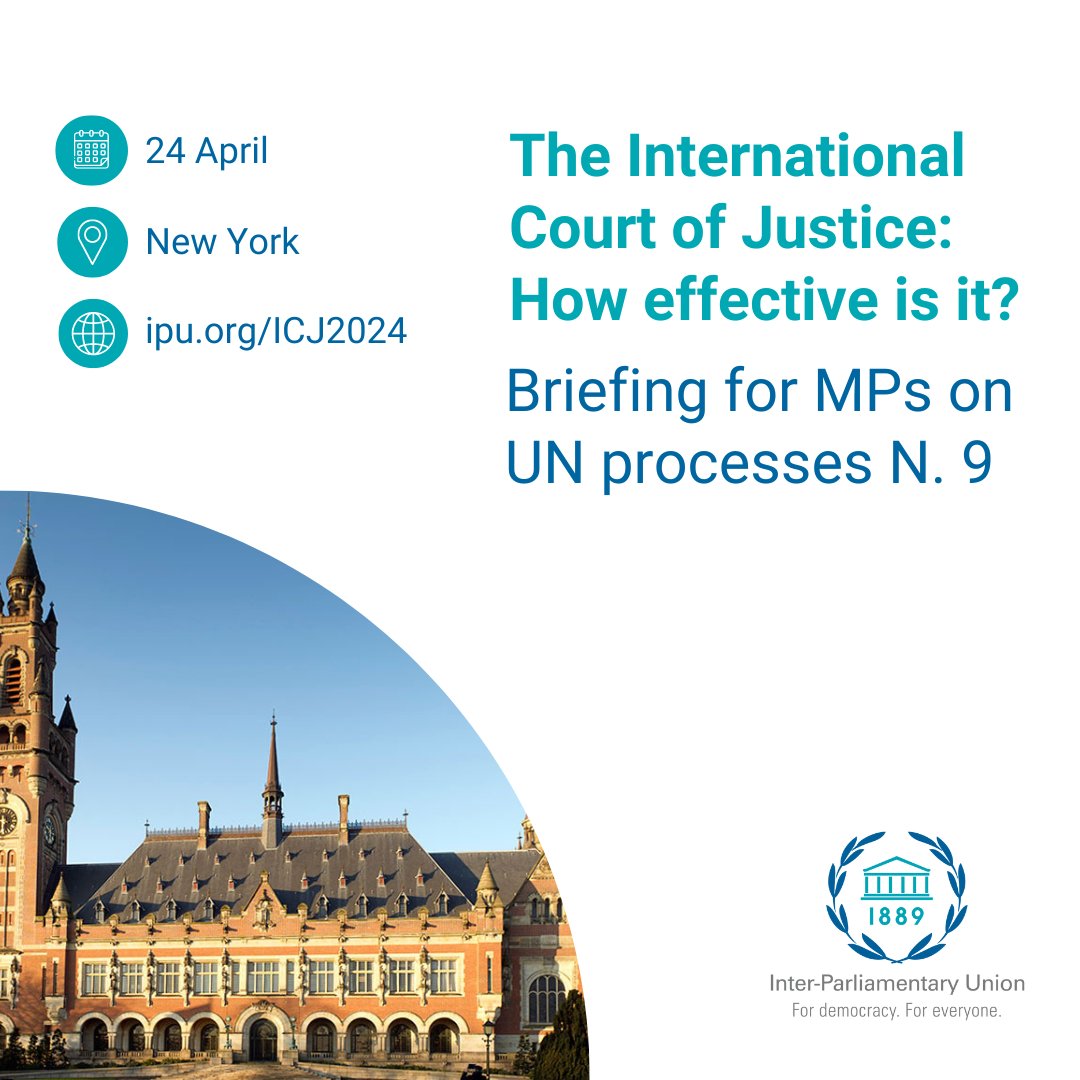 The @CIJ_ICJ helps nations settle disputes peacefully in accordance with international law.⚖️ Want to understand how the #ICJ works and discover how #parliaments can advocate for countries to utilise international #justice? Register for our briefing! ➡️ipu.org/ICJ2024