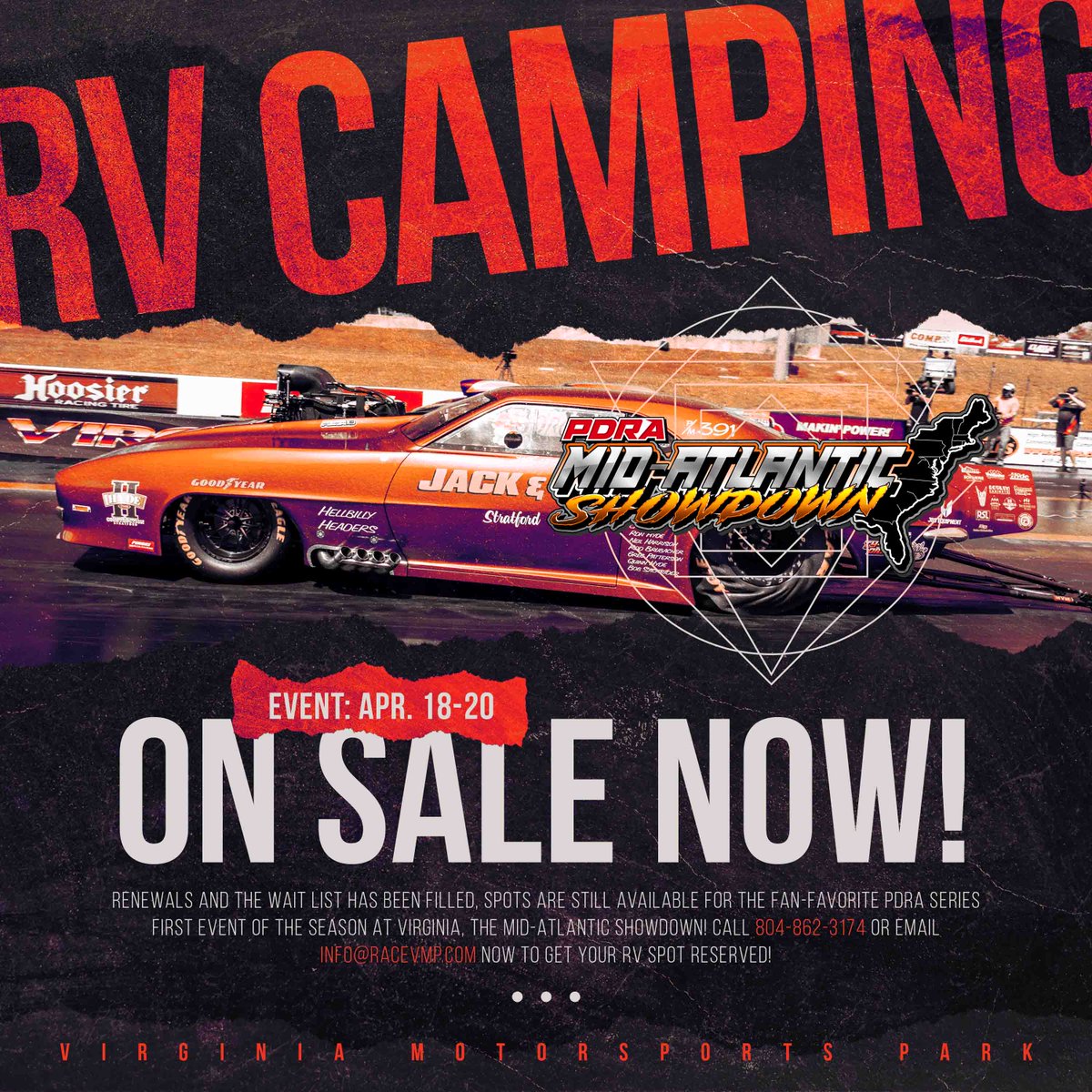 RV Camping spots are still available for next weekend's PDRA Mid-Atlantic Showdown. Don't miss out! Call today and get yours reserved, 804-862-3174.