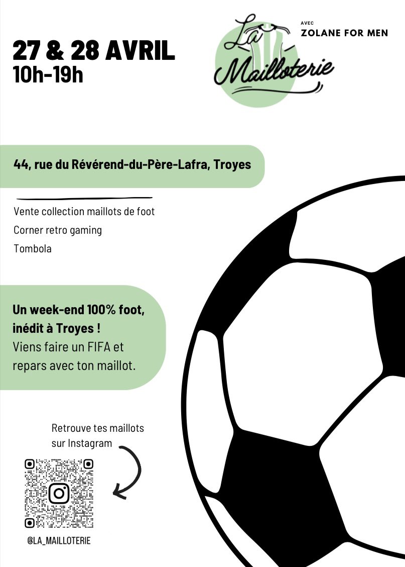 BOUTIQUE ÉPHÉMÈRE À TROYES ! 📣

Une vente exceptionnelle et inédite de maillots de foot à Troyes se tiendra le week-end du 27 et 28 Avril 😍

Maillots officiels vintage ou actuels, street wear, rétro-gaming, playlist foot 🗞️⚽️

Viens partager un moment de kiff inédit avec nous!