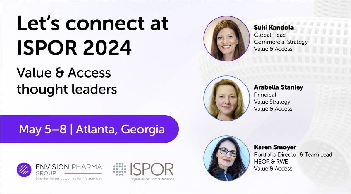 #ISPOR2024 is almost here! Join our exceptional V&A leaders – Suki Kandola, Arabella Stanley, and Karen Smoyer, as they discuss the groundbreaking transformations they are enabling through evidence generation. To meet us at ISPOR, please email value@envisionpharma.com.