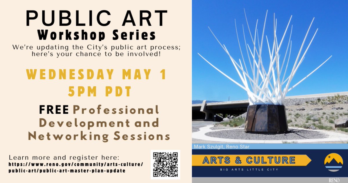 Join a FREE public art workshop series for artists and cultural workers, starting May 1. Learn about getting involved with public art, provide input into Reno’s public art master plan update, and network! For more information and to RSVP visit: buff.ly/4aQZagG