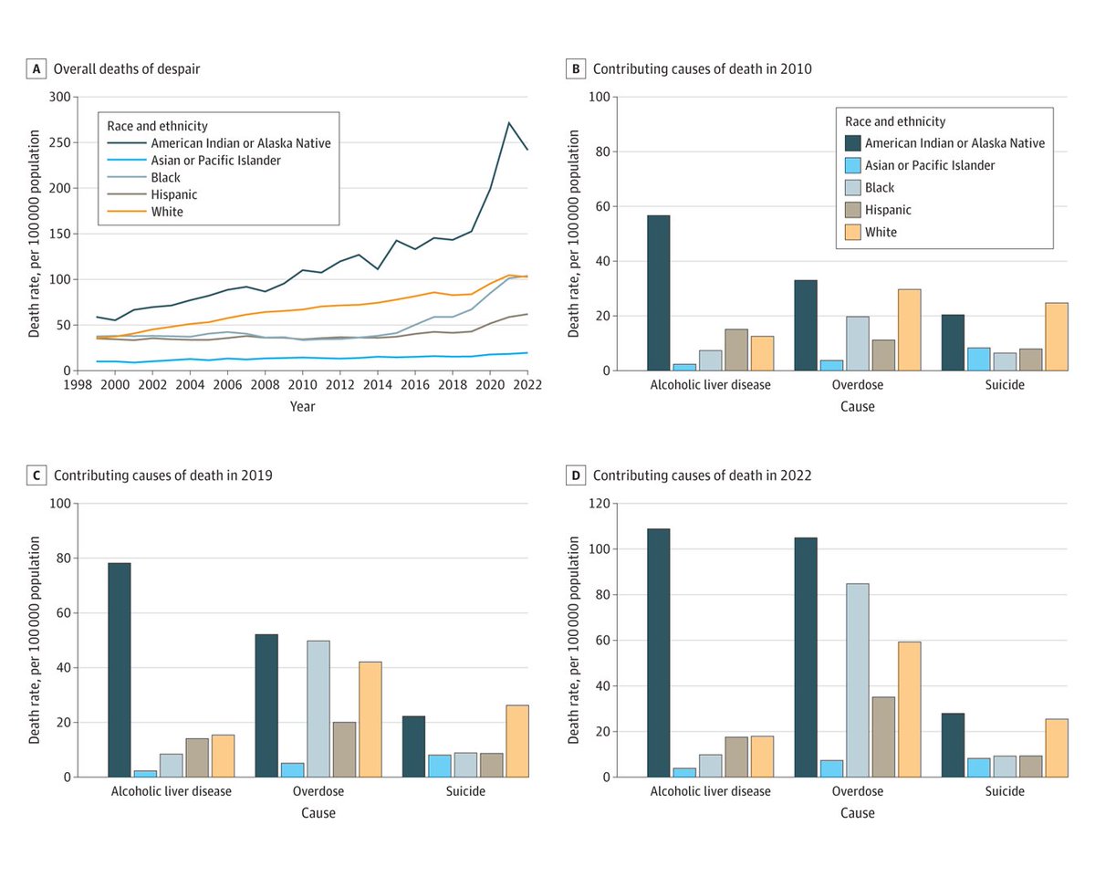 Midlife mortality from deaths of despair (suicide, drug overdose, alcoholic liver disease) has risen sharply since the concept was defined, with particularly large increases for American Indian or Alaska Native and Black individuals from 1999 to 2022. ja.ma/3PVrXsF