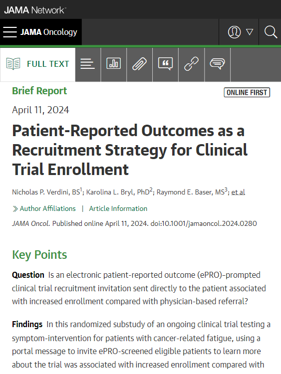 JAMA Oncology (@jamaonc) on Twitter photo Using ePROs to prompt direct patient trial invitations resulted in greater enrollment to a symptom-intervention trial than standard of care physician-based referral. ja.ma/4cU8lin <a href="/nick_verdini/">Nicholas Verdini, MD</a> <a href="/JunMaoMD/">Jun J. Mao</a> <a href="/ErinGillespieMD/">Erin Gillespie, MD MPH</a> <a href="/MSK_RadOnc/">Memorial Sloan Kettering Radiation Oncology</a> Using ePROs to prompt direct patient trial invitations resulted in greater enrollment to a symptom-intervention trial than standard of care physician-based referral. ja.ma/4cU8lin <a href="/nick_verdini/">Nicholas Verdini, MD</a> <a href="/JunMaoMD/">Jun J. Mao</a> <a href="/ErinGillespieMD/">Erin Gillespie, MD MPH</a> <a href="/MSK_RadOnc/">Memorial Sloan Kettering Radiation Oncology</a>