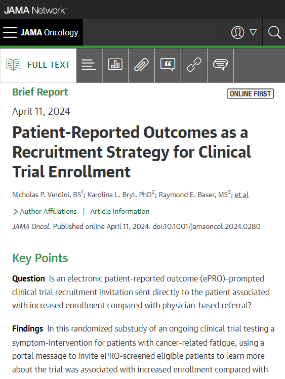 Using ePROs to prompt direct patient trial invitations resulted in greater enrollment to a symptom-intervention trial than standard of care physician-based referral. ja.ma/4cU8lin @nick_verdini @JunMaoMD @ErinGillespieMD @MSK_RadOnc