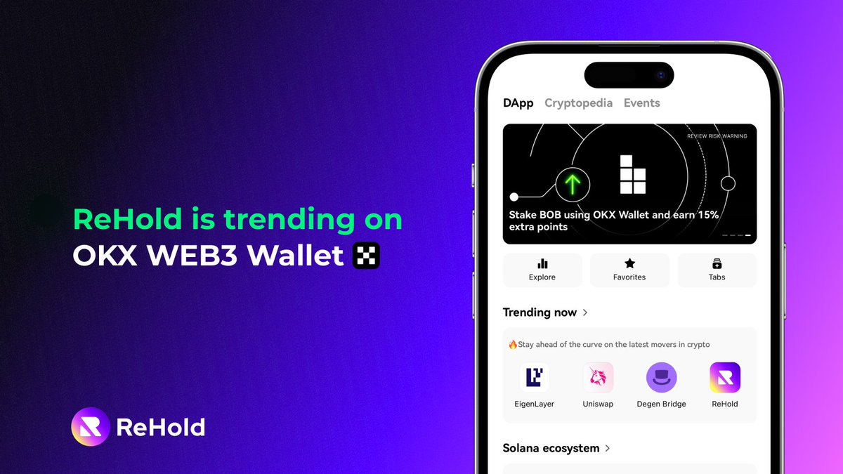 🎊 We're honored to be featured in the Trending section of dApps on @okxweb3!

Why hold, when you can ReHold? 💣

Try now 👉 go.rehold.io/okx