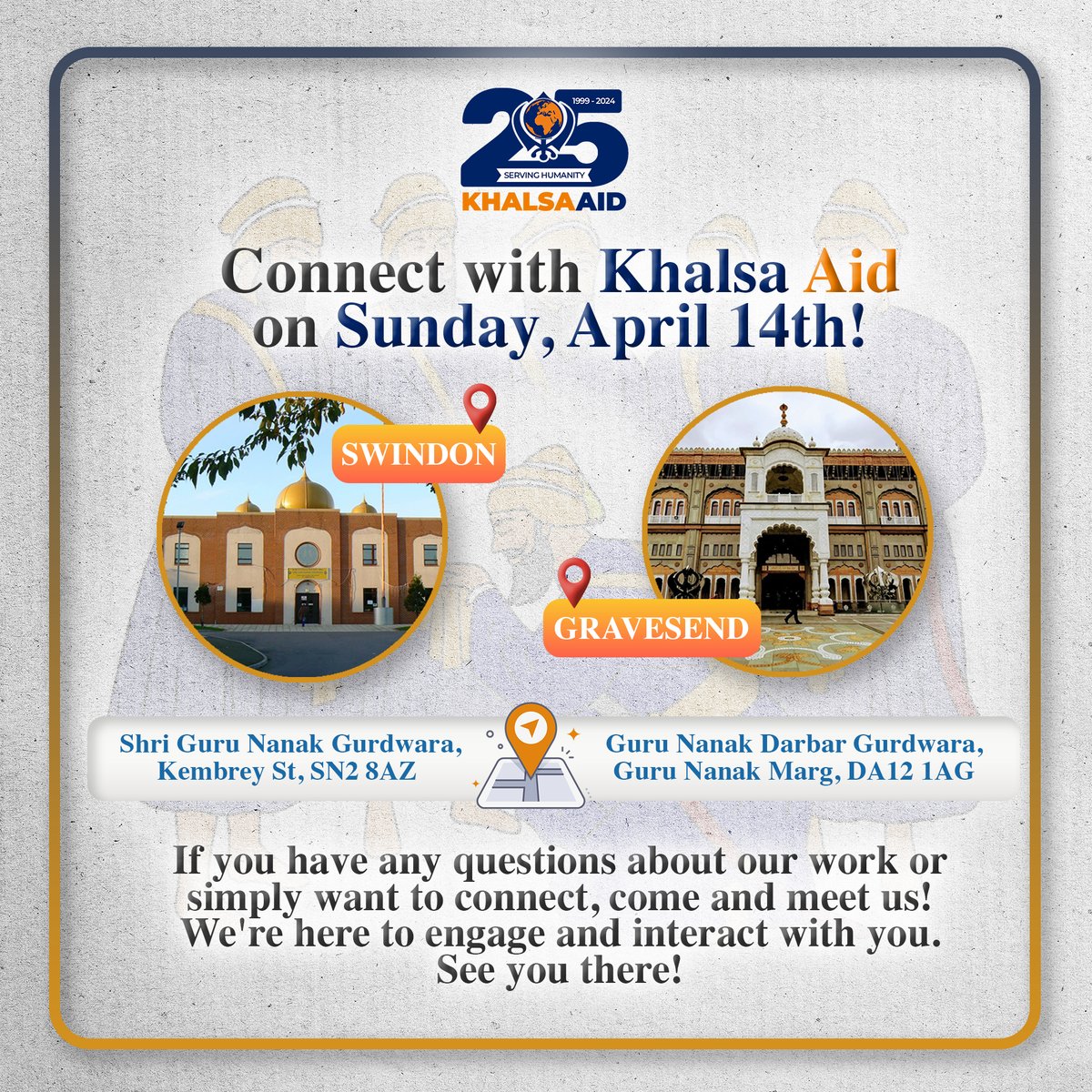 Join the #KhalsaAid team at @sgngswindon and @gravesendgurdwara Gurdwaras this Sunday, on April 14th! If you have any questions about our work or simply want to connect, come and meet us! We're here to engage and interact with you. See you there! #Baisakhi #Sangat #Seva