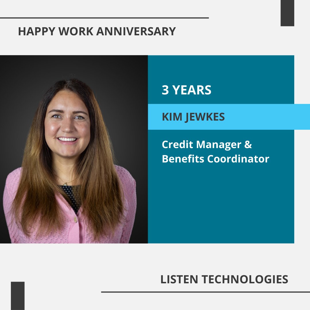 Congrats on 3 years, Kim Jewkes, our Credit Manager & Benefits Coordinator! Thanks for all that you do, Kim! #ListenTech #PeopleOfListen #WorkAnniversary