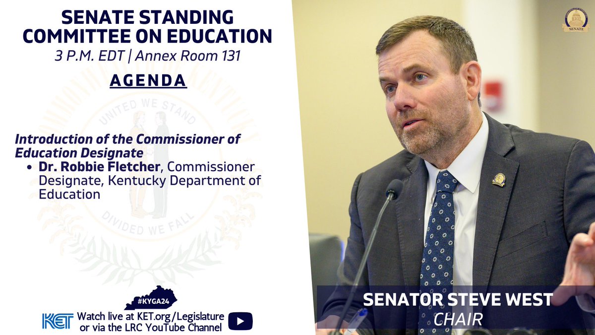 Join us for the Senate Standing Committe on Education at 3 P.M. EDT in-person or online via one of the sources listed below! #KYGA24