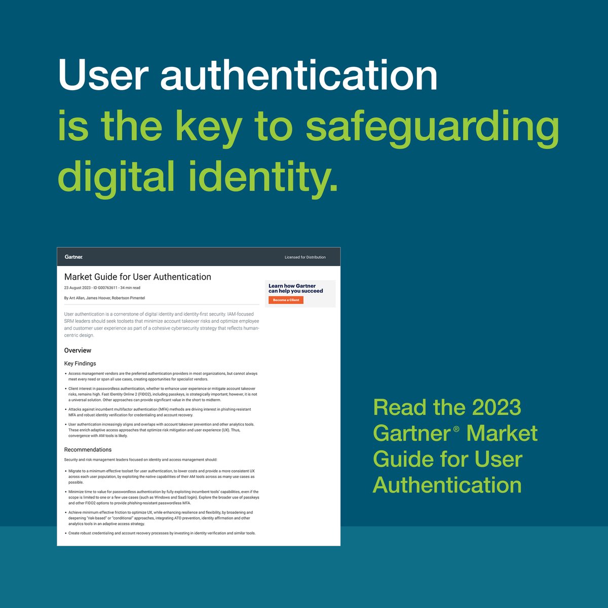 User authentication is the key to safeguarding digital identity. Don’t miss the 2023 Market Guide for User Authentication by @GartnerInc for recommendations and findings for how to stay protected against account takeovers. Learn more: yubi.co/GartnerMarketG…