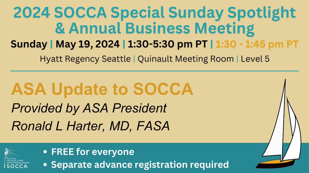 Sign up for SOCCA's *FREE* Special Spotlight on Sunday May 19th and hear the ASA Update provided by ASA President Ronald L Harter, MD, FASA from 1:30-1:45 pm PT buff.ly/3TWcRW3