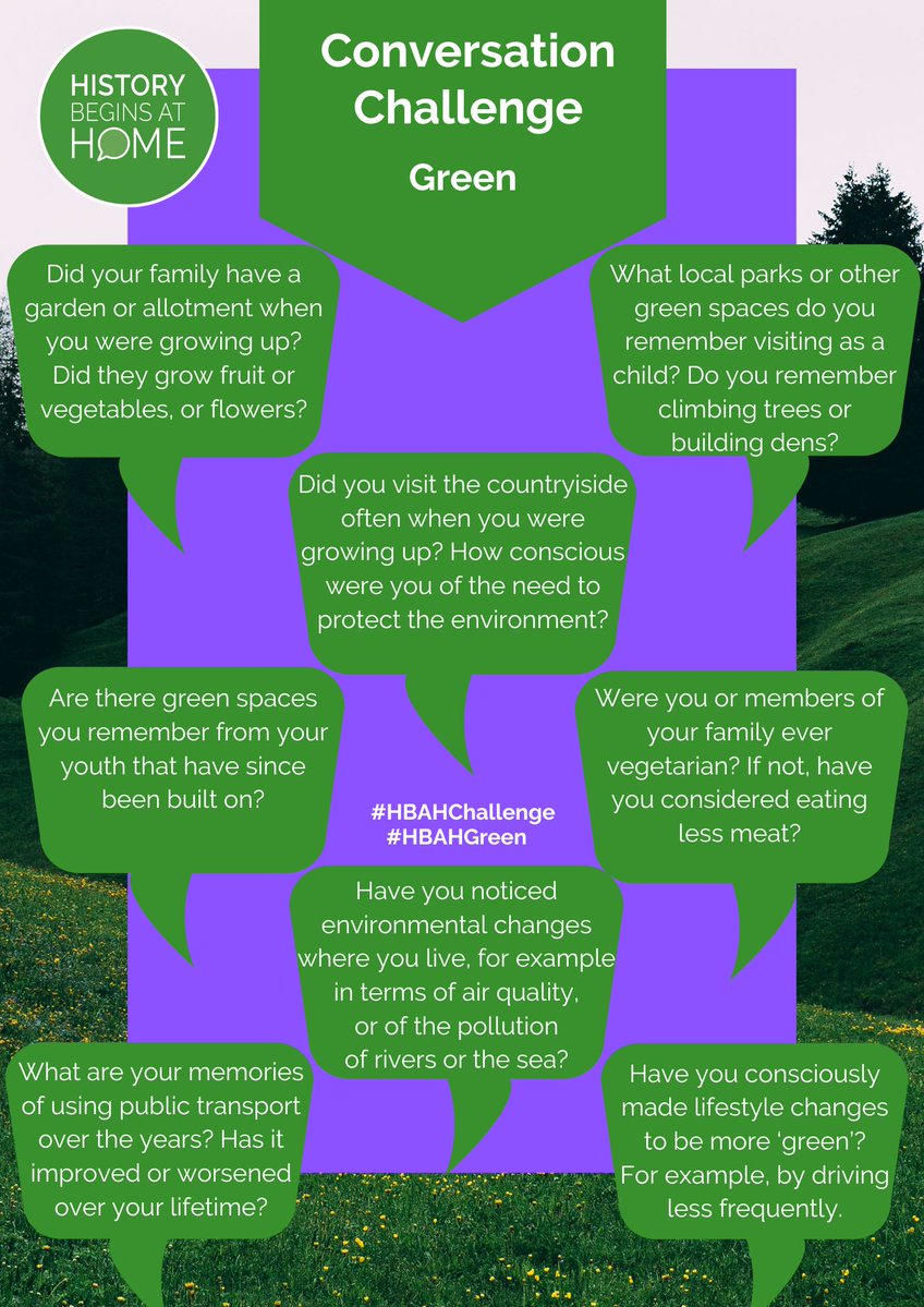 Stay connected with loved ones with the help of our new #HBAHGreen question sheet! Find it at historybeginsathome.org, along with other free resources to help inspire, capture and keep intergenerational conversations. #EndLoneliness #JustCall #HaveAChat #EYANature