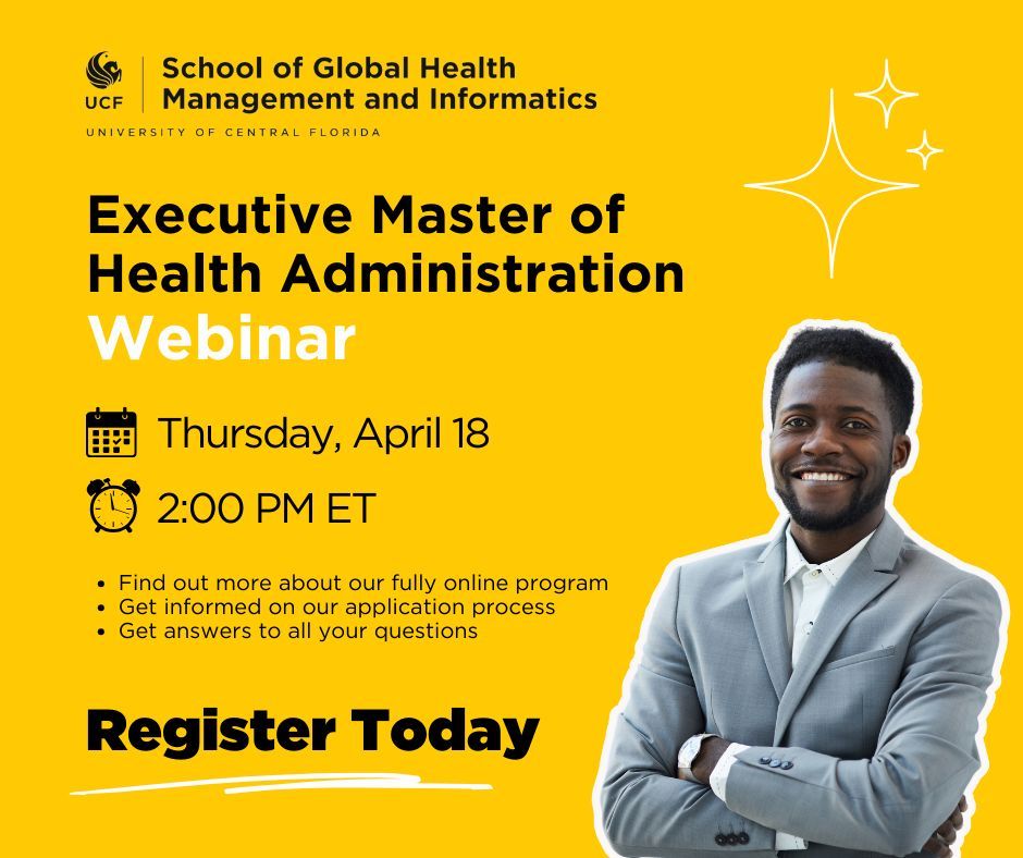 Sign up for our next information session exploring our fully online Executive MHA program. 🗓Thurs, 4/18 ⏰2:00 PM ET 💻 Register now! buff.ly/3PTzKqf #ExecutiveMHA #HealthAdministration #InfoSession #UCFSGHMI #UCFCCIE #UCFWebinar