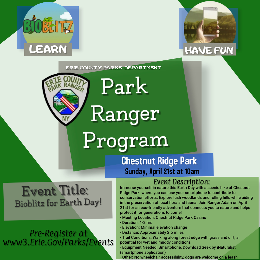 Immerse yourself in nature this Earth Day with a scenic hike at Chestnut Ridge Park, where you can use your smartphone to contribute to conservation efforts. Join Ranger Adam on April 21st for an adventure that connects you to nature and helps protect it for generations to come!