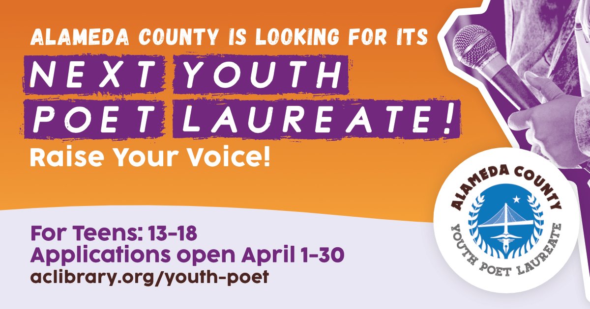 Teens 13-18 who live in #AlamedaCounty, ignite #CivicEngagement and #LiteraryExcellence in your community as the next #AlamedaCountyYouthPoetLaureate! Let your voice take center stage by performing your poetry at public events. Apply today! aclibrary.org/youth-poet/