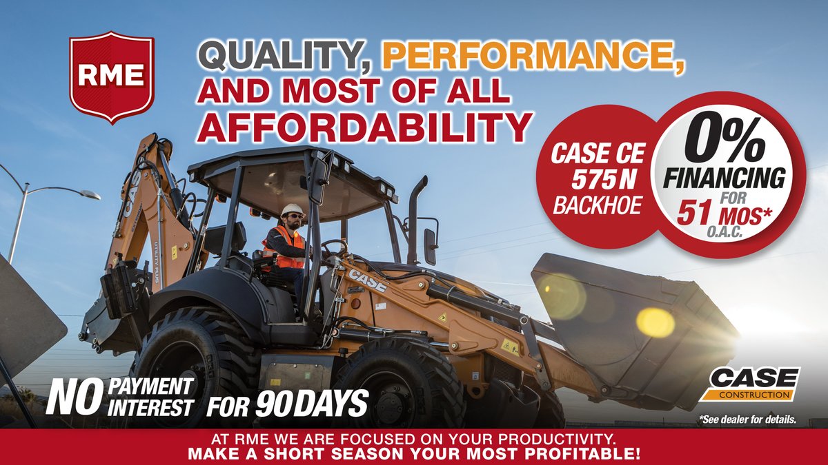 RME is offering 0% financing on the Case 575N Backhoe. Visit your local RME branch or click here for more info: rockymtn.com/promotions/0-f… . . . . #RME #CE #CaseCE #Construction #Backhoe #575N