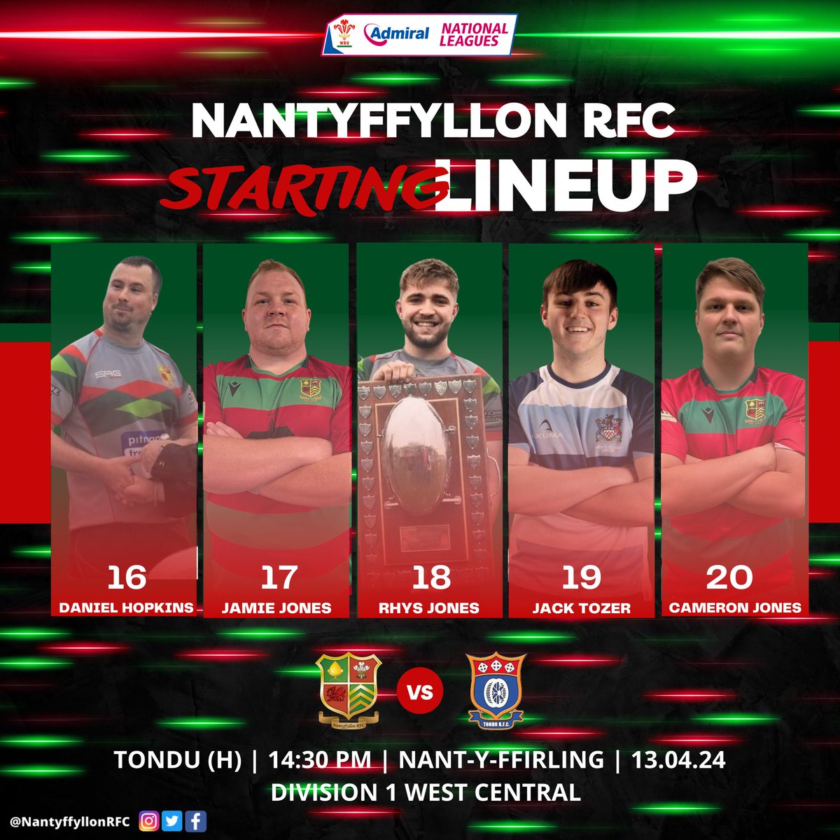 Team news!🟢🔴 For one final time in 2023/24, here is how we lineup for tomorrows visit of @TonduRFC1880 Tyler returns in the back row, with Ben back to partner Tadhg. Harri and Owen the two changes in the back line. #UppaNant