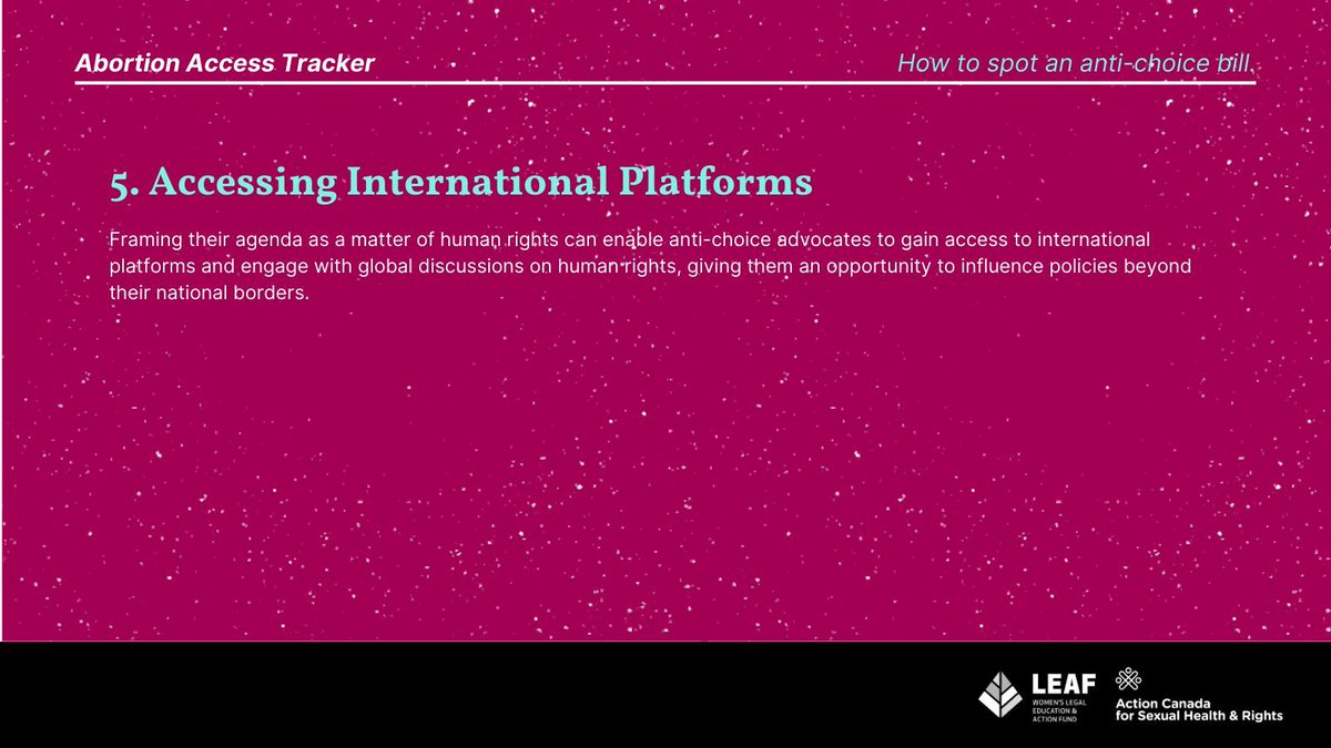 How does the co-optation of human rights and feminist language work? By… 1. Reframing the Debate 2. Appealing to Empathy 3. Creating Confusion 4. Securing Political Support 5. Accessing International Platforms Abortion Access Tracker! buff.ly/4ajsWuq